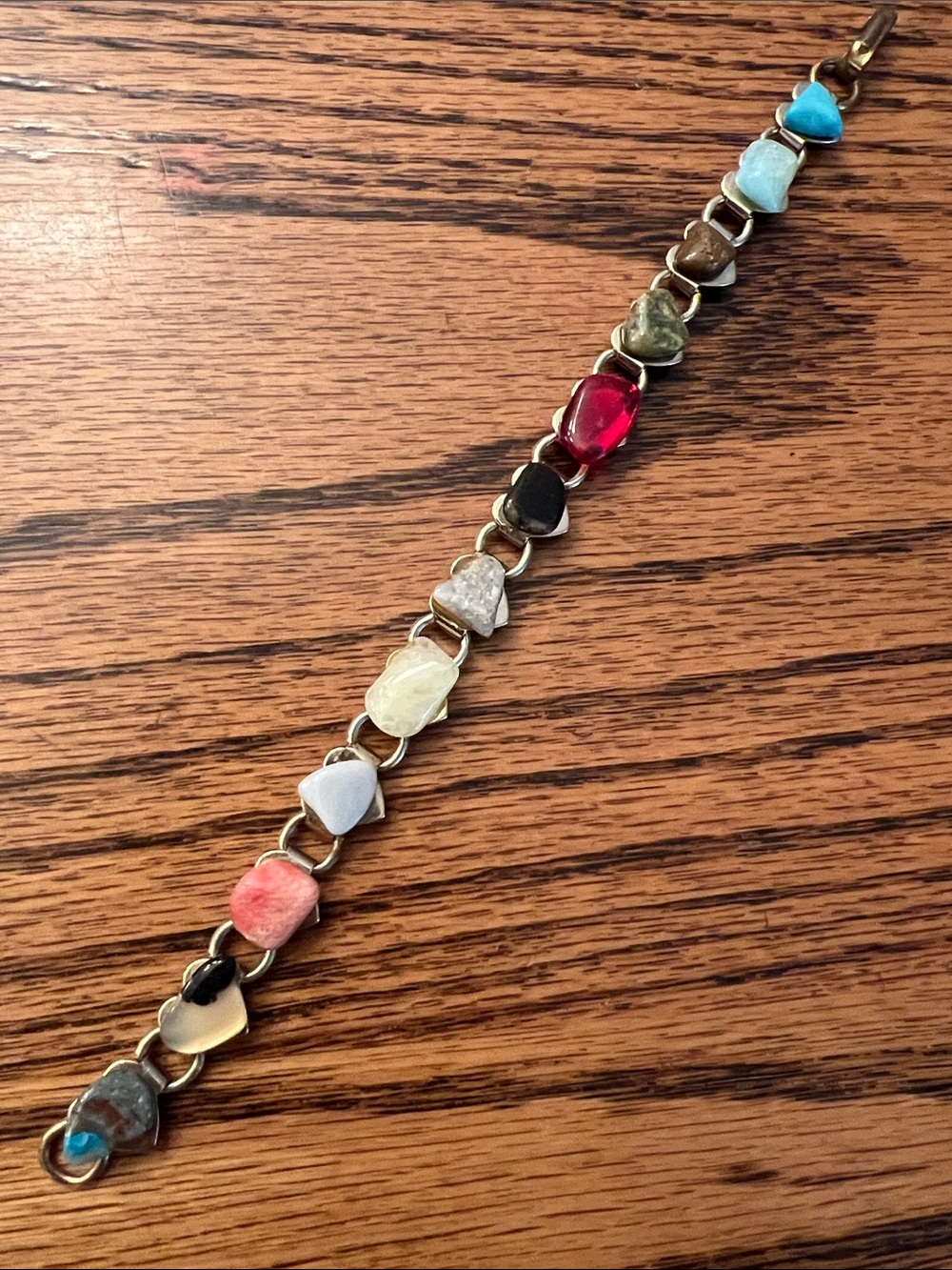Vintage Multicolored Rock Stones Crystal Heart Link Bracelet Jewelry Boho Gems